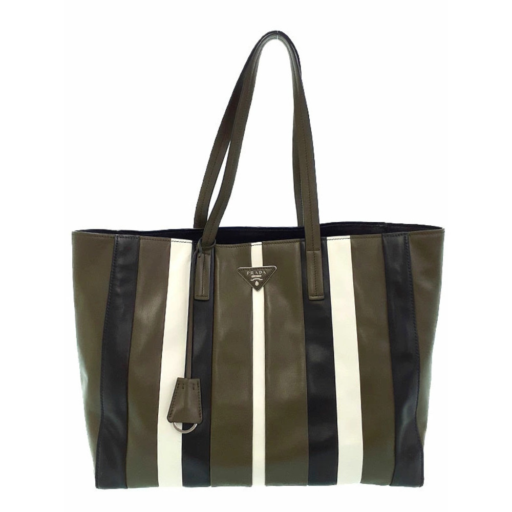 Prada Baiadera calfskin tote bag olive green black white striped leather - Picture 1 of 9